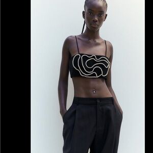 Zara textured raised floral top with metallic rhinestones trim